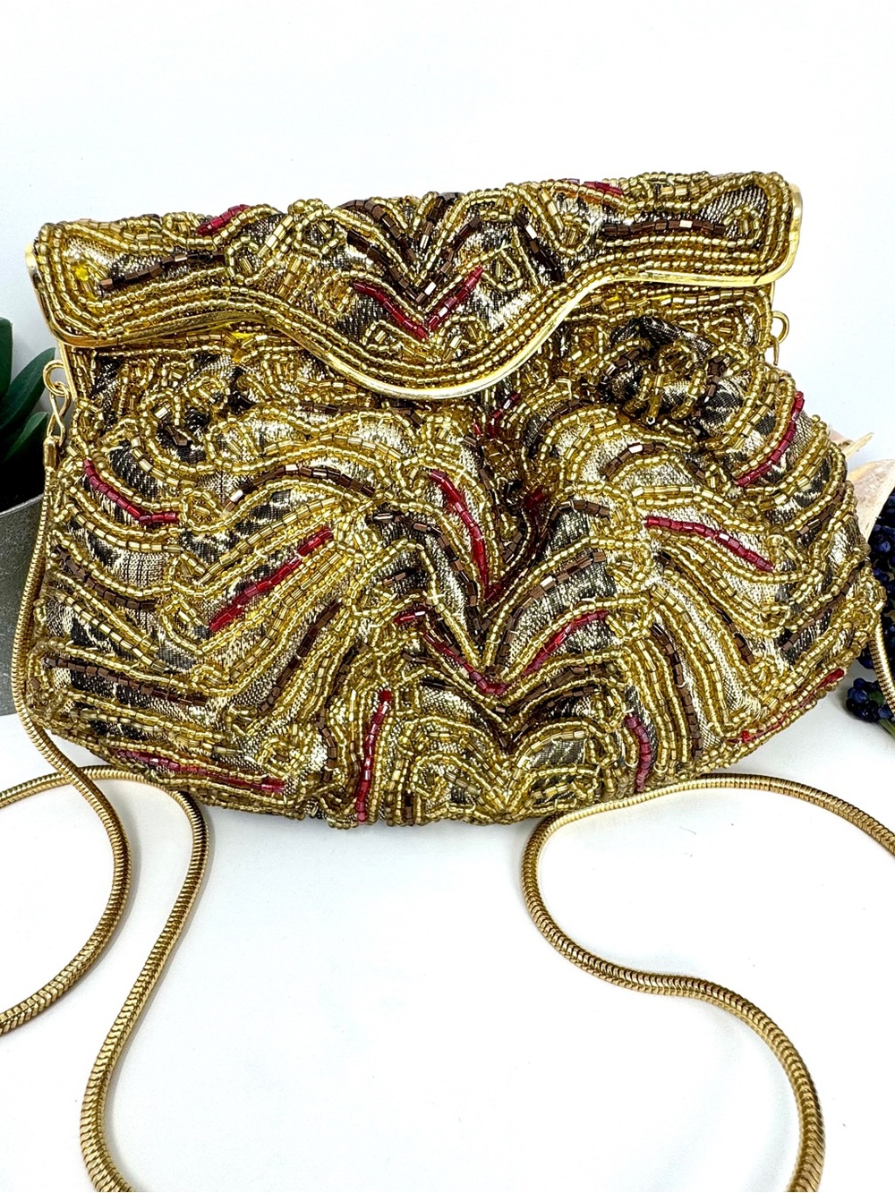 Vintage Gold Beaded Evening Bag Clutch 1980s Excellent Condition - Picture 2 of 11